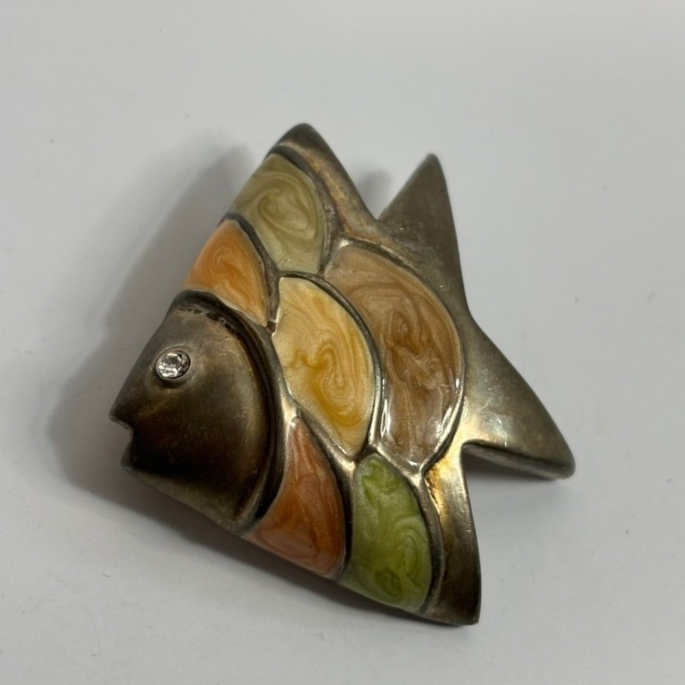 Enamel Fish Brooch Rhinestone Eye Silver Tone Whimsical Animal Pin
